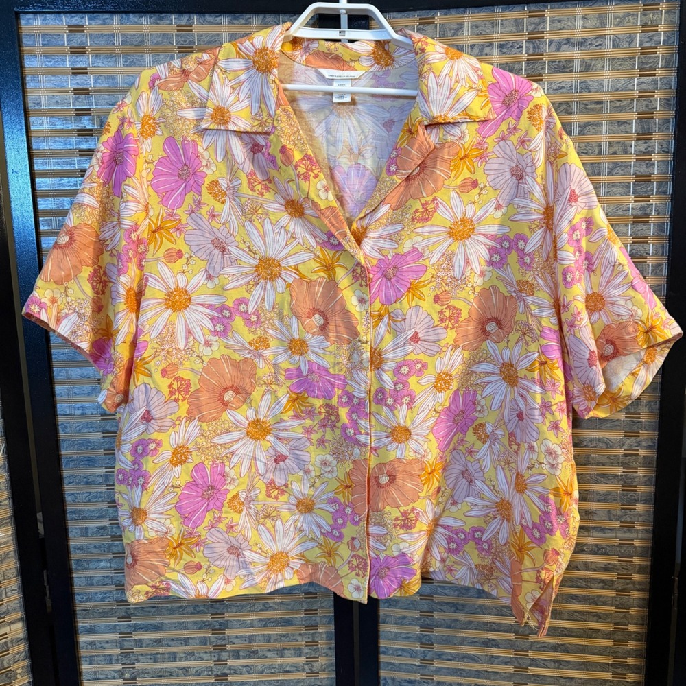 H&M Floral Button Down Shirt Womens XXL Yellow Pink Linen Blend Retro Daisy Top